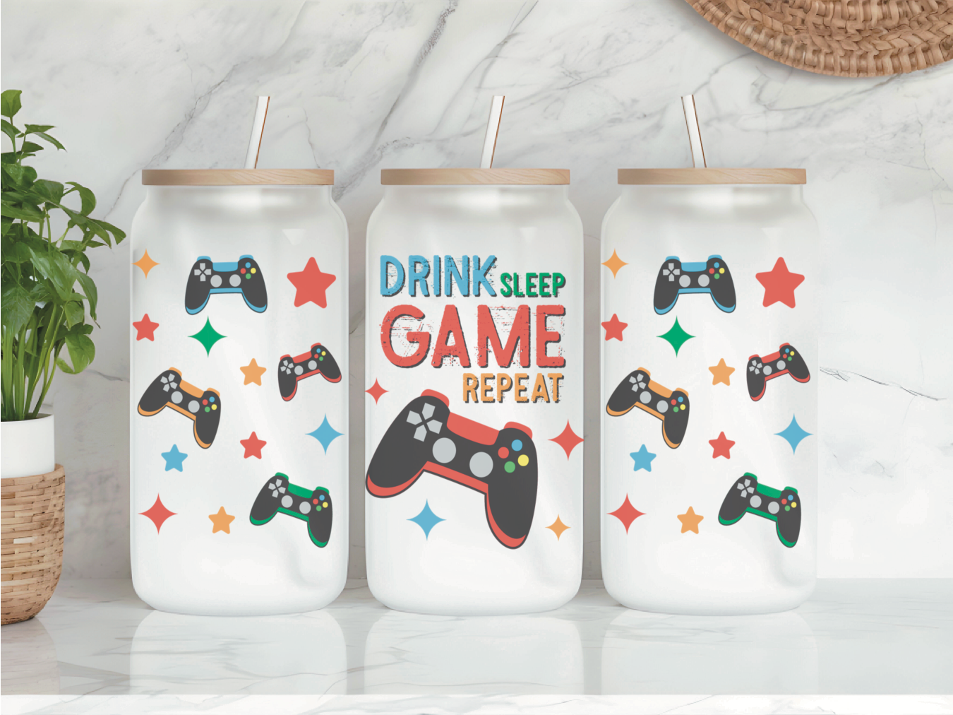 Drink, Sleep, Game, Repeat Frosted Glass Can