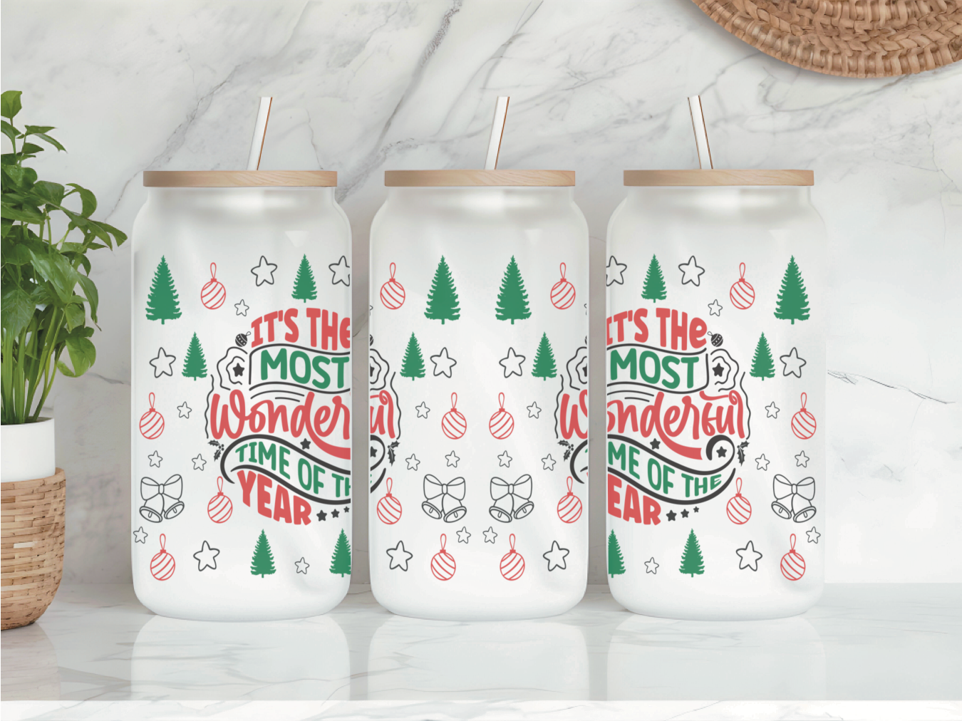 The Most Wonderful Time Frosted Glass Can