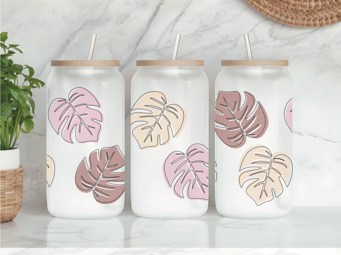 Tropical Leaves Frosted Glass Can