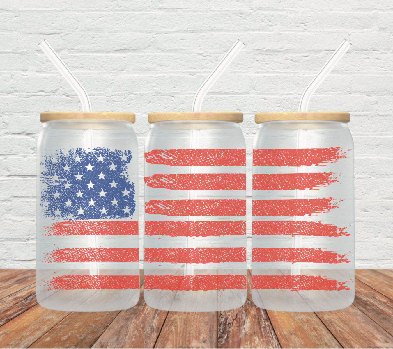 Distressed Flag Frosted Glass Can