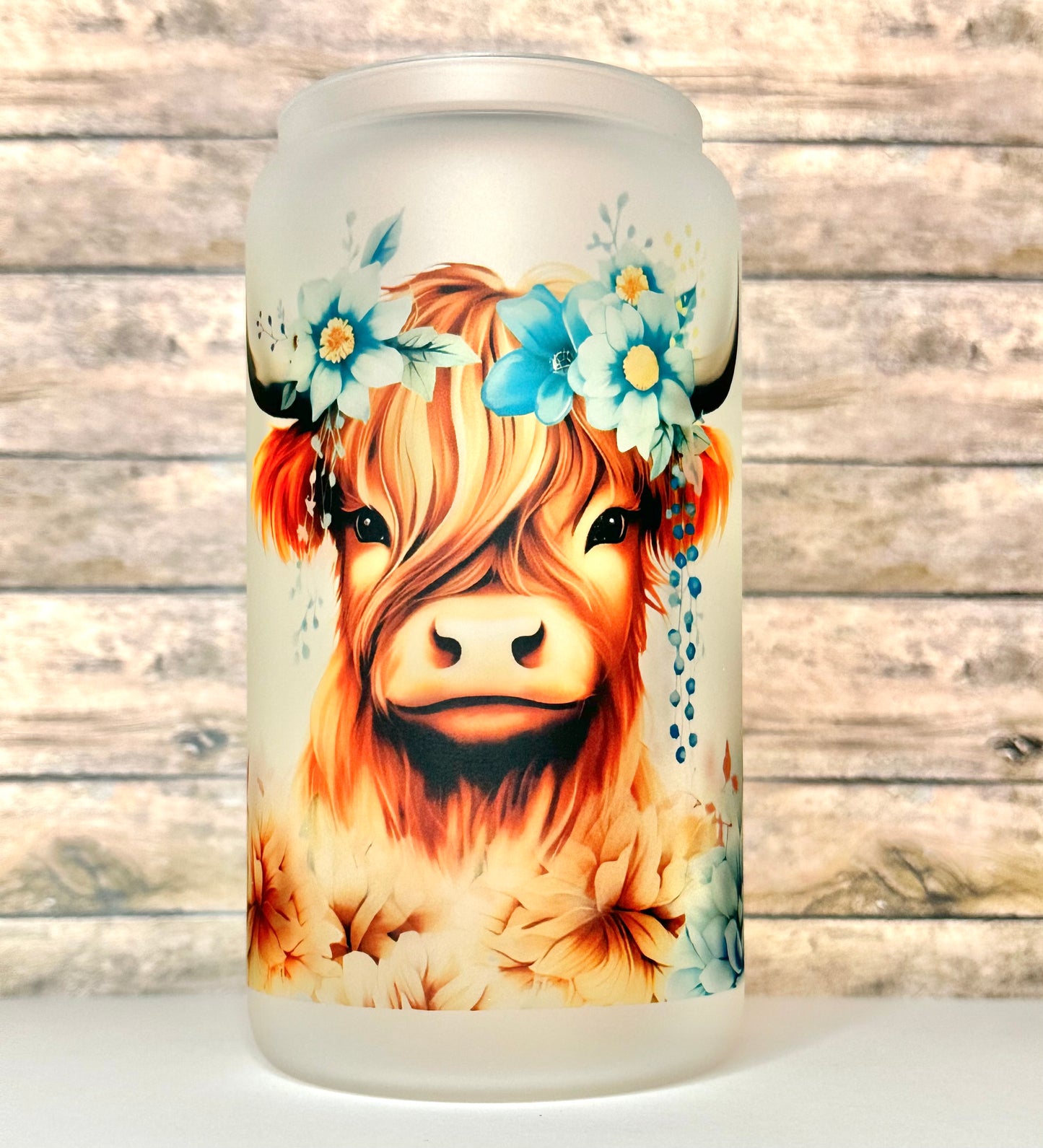 Highland Cow Frosted Glass Can