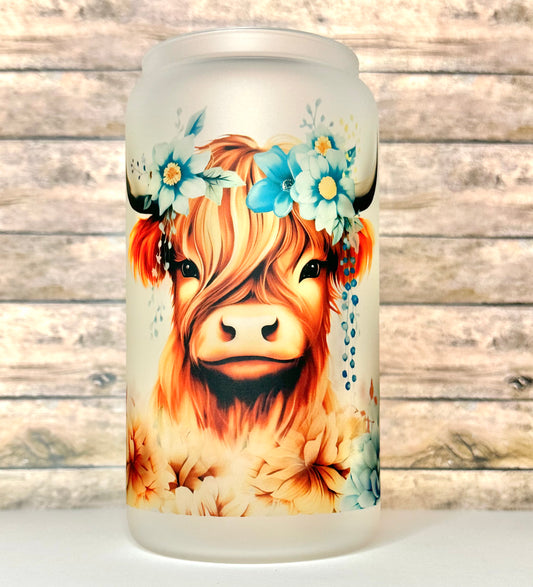 Highland Cow Frosted Glass Can