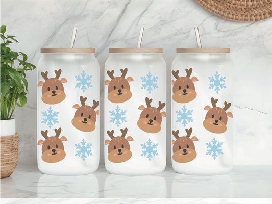 Reindeer & Snowflakes Frosted Glass Can