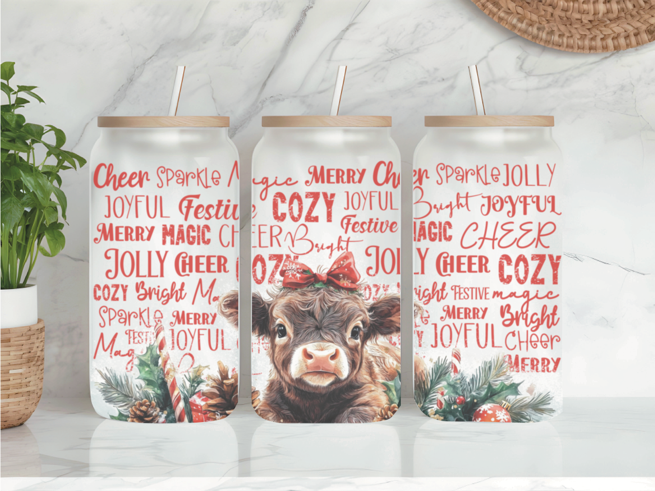 Christmas Highland Cow Frosted Glass Can