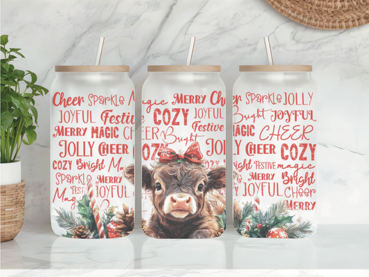 Christmas Highland Cow Frosted Glass Can