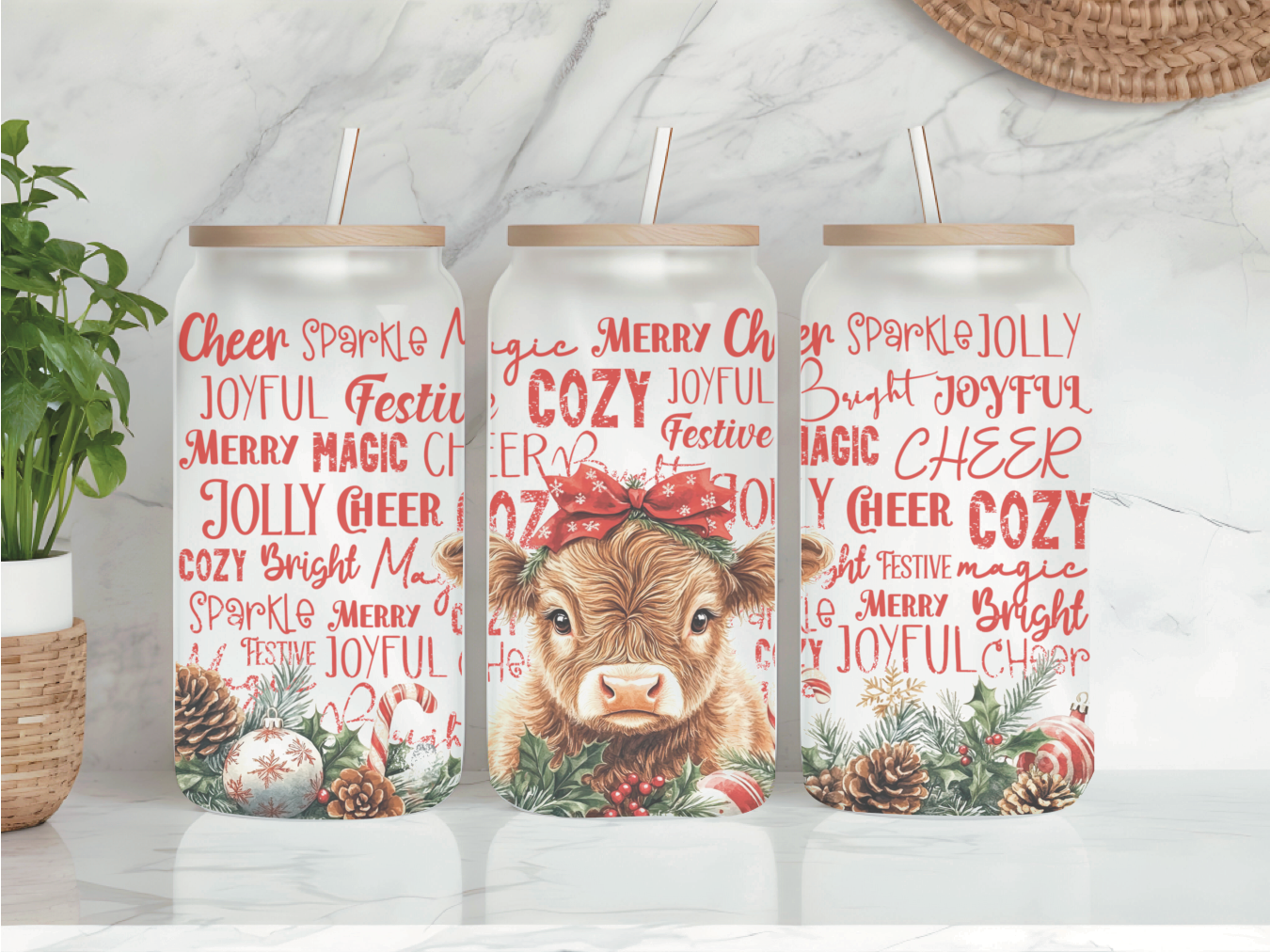 Christmas Highland Cow Frosted Glass Can