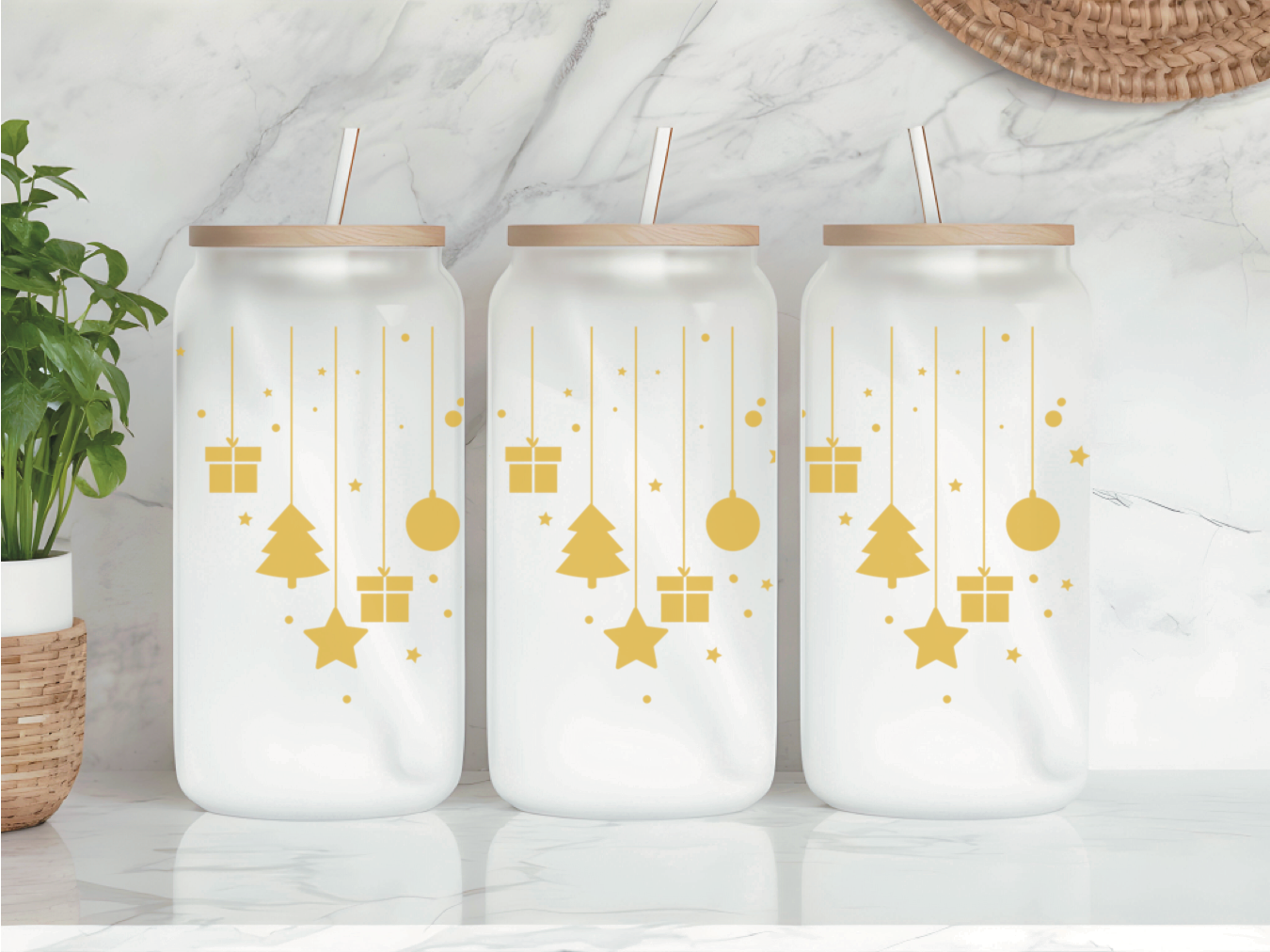 Golden Ornaments Frosted Glass Can