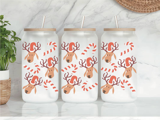 Reindeer & Candy Canes Frosted Glass Can