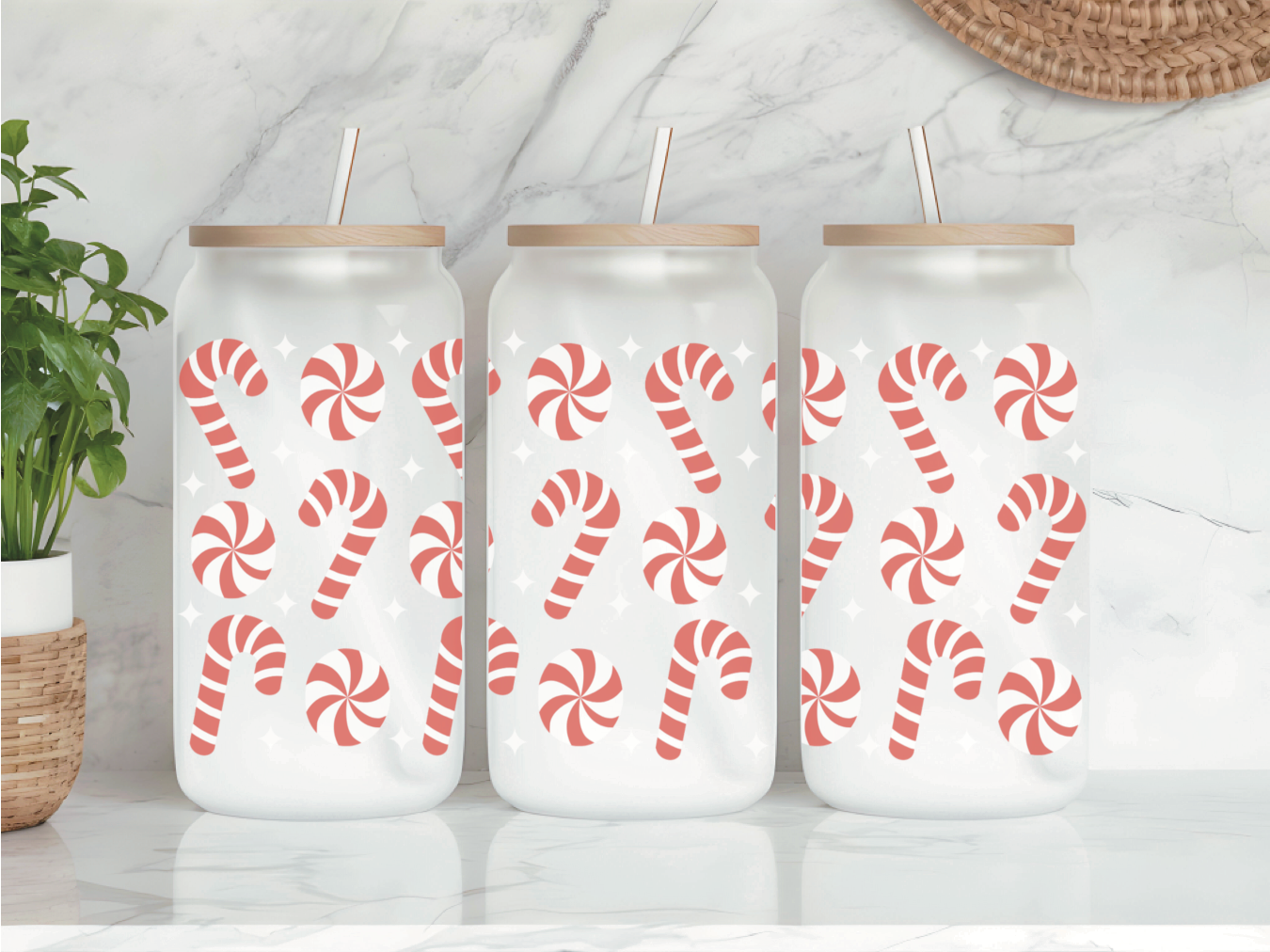 Candy Cane Frosted Glass Can