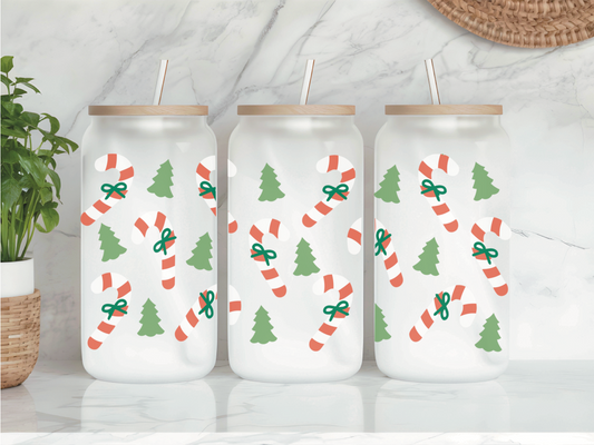 Trees and Candy Canes Frosted Glass Can